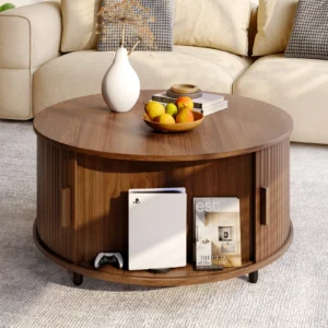 Round Wooden Coffee Table with Storage 360° Curved Sliding Fluted Door