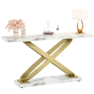 55 Inch Console Table, Faux Marble Gold